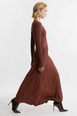 Karen Millen Petite V Neck Elevated Rib Knit Full Skirt Midi Dress toffee Clearance