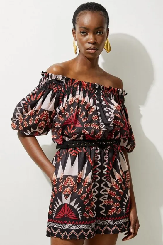 Karen Millen Petite Voile Mirrored Batik Off The Shoulder Woven Romper black Discount