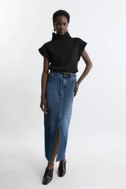 Karen Millen Petite Washed Denim Tailored Maxi Skirt midblue Hot