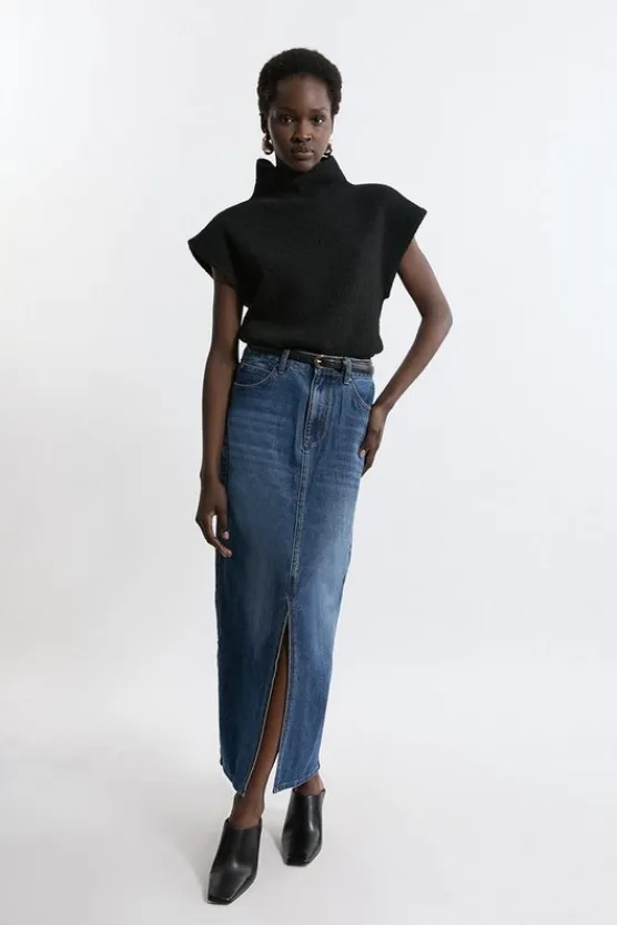 Karen Millen Petite Washed Denim Tailored Maxi Skirt midblue Hot
