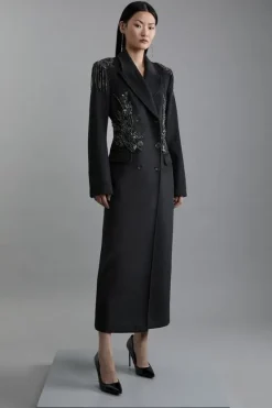 Karen Millen Petite Wool Blend Crystal Embellished Double Breasted Tailored Maxi Coat black Sale