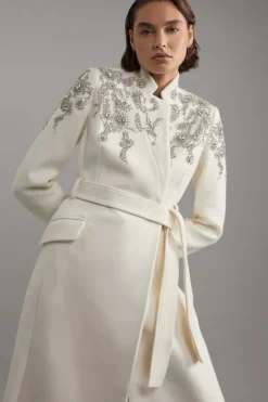 Karen Millen Petite Wool Blend Crystal Embellished Notch Neck Belted Coat ivory Hot