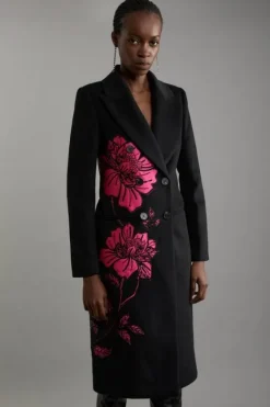 Karen Millen Petite Wool Blend Taffeta Applique Embellished Double Breasted Tailored Coat black Discount