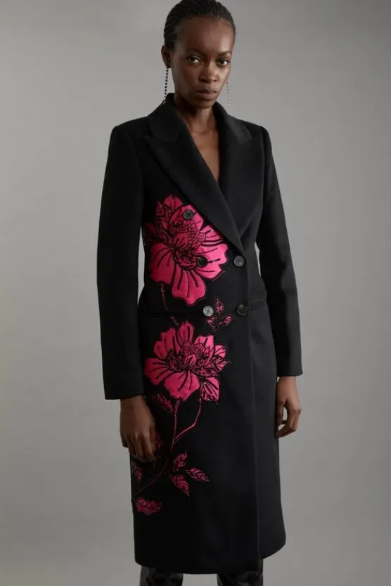 Karen Millen Petite Wool Blend Taffeta Applique Embellished Double Breasted Tailored Coat black Discount