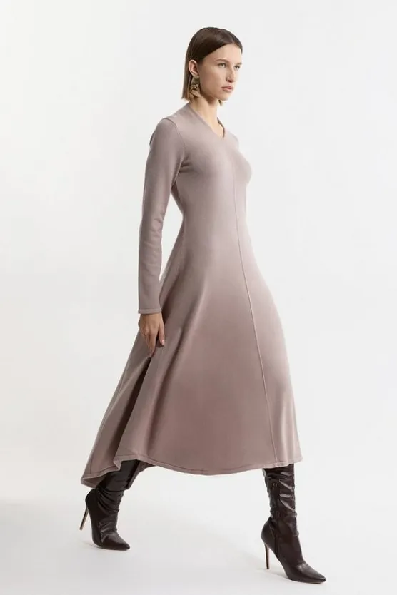 Karen Millen Petite Wool Look High Low V Neck Midaxi Knit Dress mink Hot