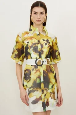 Karen Millen Photographic Floral Organdie Belted Mini Dress yellow Sale