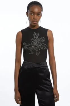 Karen Millen Placed Embellished Floral Mesh Jersey Bodysuit black Outlet