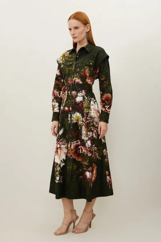Karen Millen Placed Cotton Sateen Shirt Dress floral Hot
