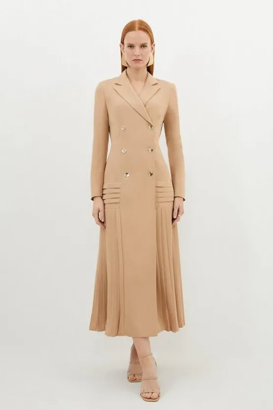 Karen Millen Pleated Button Detailed Woven Midi Dress nude Sale