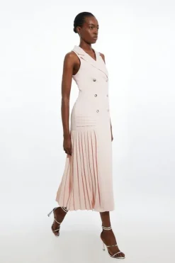 Karen Millen Pleated Button Detail Sleeveless Woven Midi Dress blush Best
