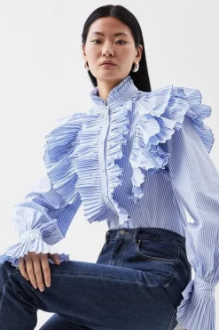 Karen Millen Pleated d Ruffle Woven Shirt stripe Discount
