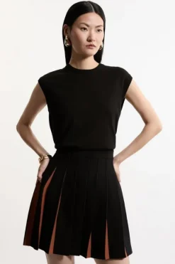 Karen Millen Pleated Wool Look Contrast Knit Mini Skirt black Discount