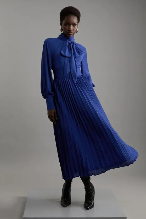 Karen Millen Pleated Woven Belted Tie Neck Midaxi Shirt Dress trueblue Discount