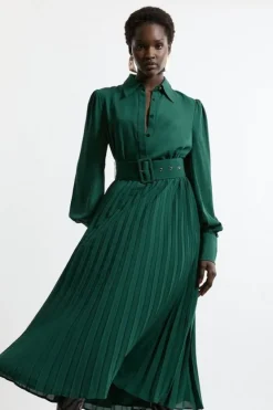 Karen Millen Pleated Woven Midaxi Shirt Dress With Belt forest Sale