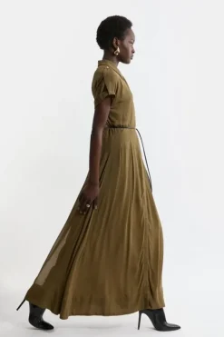 Karen Millen Pleated Woven Viscose Midaxi Shirt Dress khaki New