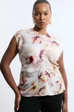 Karen Millen Plus Size Abstract Floral Satin Crepe Woven Gathered Detail Top pink Discount