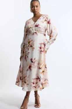 Karen Millen Plus Size Abstract Floral Satin Crepe Woven Long Sleeve Midi Dress pink New