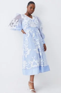 Karen Millen Plus Size Applique Organdie Buttoned Woven Midi Dress babyblue Discount