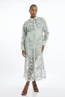 Karen Millen Plus Size Applique Organdie Woven Midi Shirt Dress sage Clearance