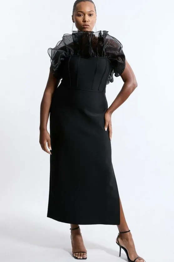 Karen Millen Plus Size Bandage Figure Form Tulle Frill Midaxi Dress black Best