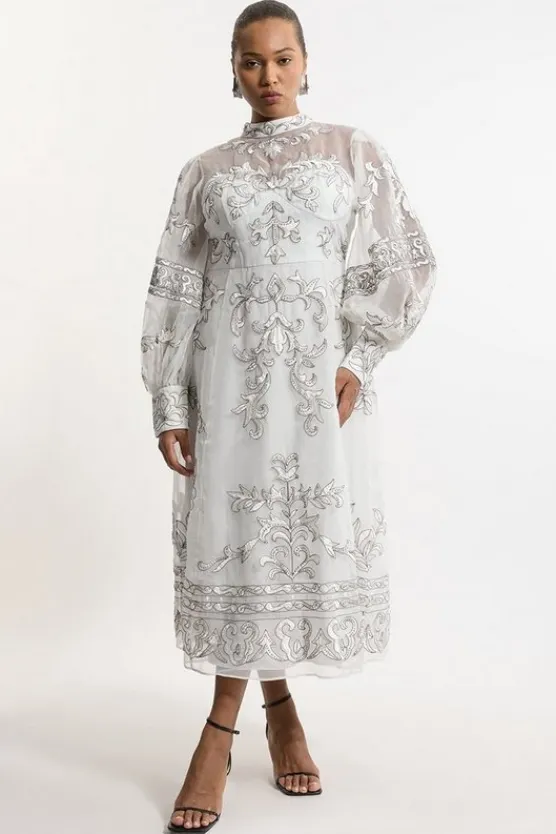 Karen Millen Plus Size Baroque Organdie Applique Buttoned Woven Maxi Dress silver Sale