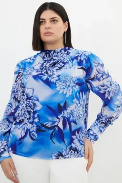 Karen Millen Plus Size Rose Pleated Georgette Woven Blouse blue Best