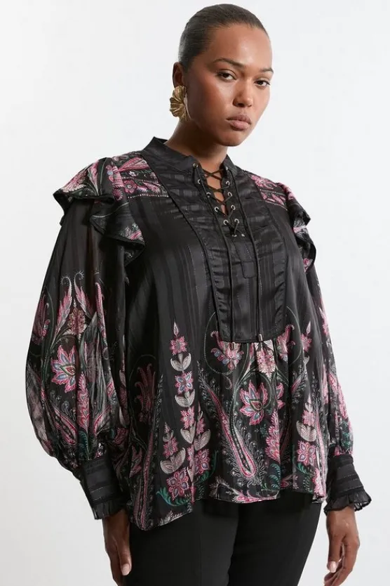 Karen Millen Plus Size Boho Woven Blouse With Lace Front Detail floral Outlet