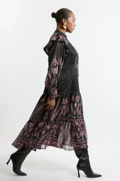 Karen Millen Plus Size Boho Woven Midaxi Dress With Lace Front Detail floral New