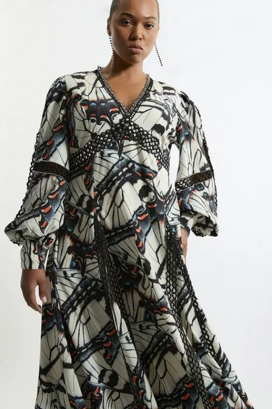 Karen Millen Plus Size Butterfly Print Lace Insert Trim Woven Midaxi Dress blue Hot