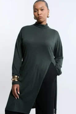 Karen Millen Plus Size Cashmere Blend Deep Slip Longline Knit Top olive Discount