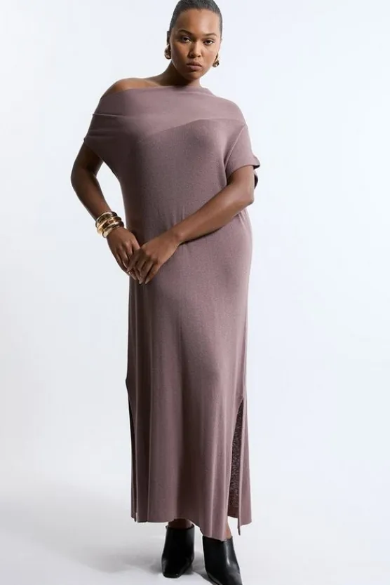 Karen Millen Plus Size Cashmere Blend One Off The Shoulder Midaxi Dress taupe Outlet
