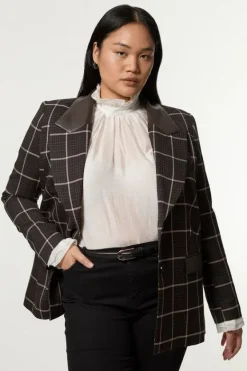 Karen Millen Plus Size Check Pu Mix Tailored Jacket brown New
