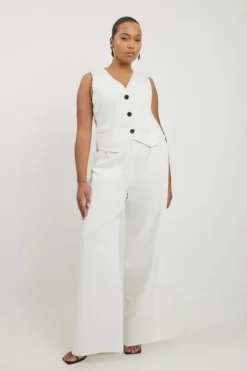 Karen Millen Plus Size Clean Tailored Grosgrain Tipped Wide Leg Pants ivory Outlet