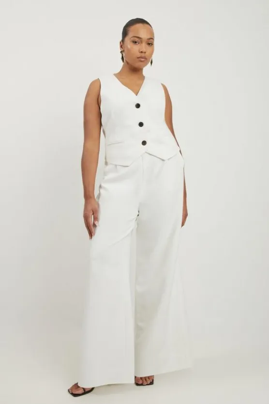 Karen Millen Plus Size Clean Tailored Grosgrain Tipped Wide Leg Pants ivory Outlet