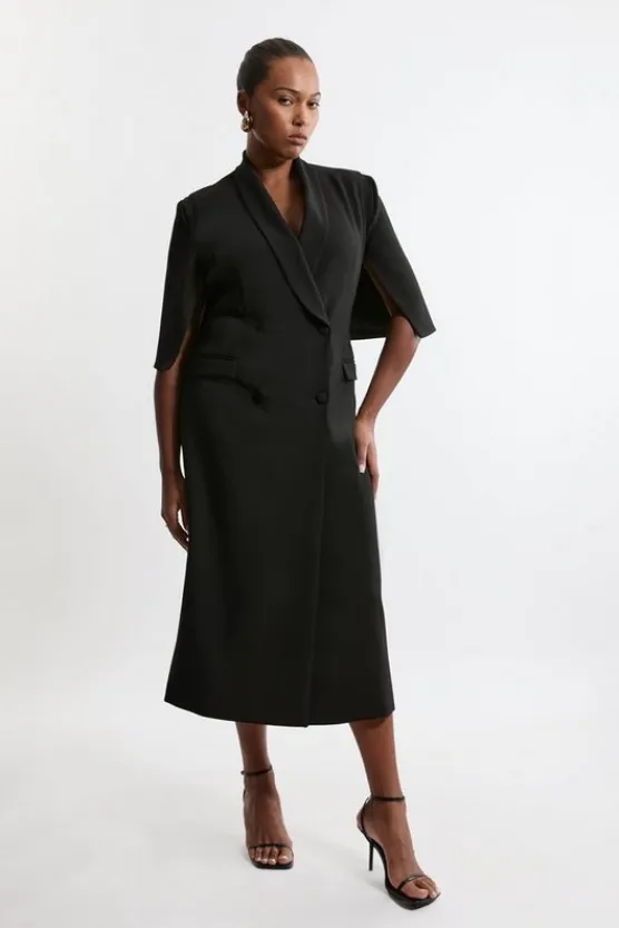 Karen Millen Plus Size Clean Tailored Tuxedo Cape Sleeve Midi Blazer Dress black New