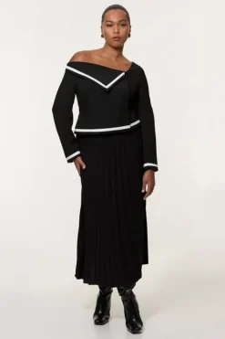 Karen Millen Plus Size Compact Stretch Asymmetric Neck Color Block Pleated Tailored Midaxi Dress mono Fashion