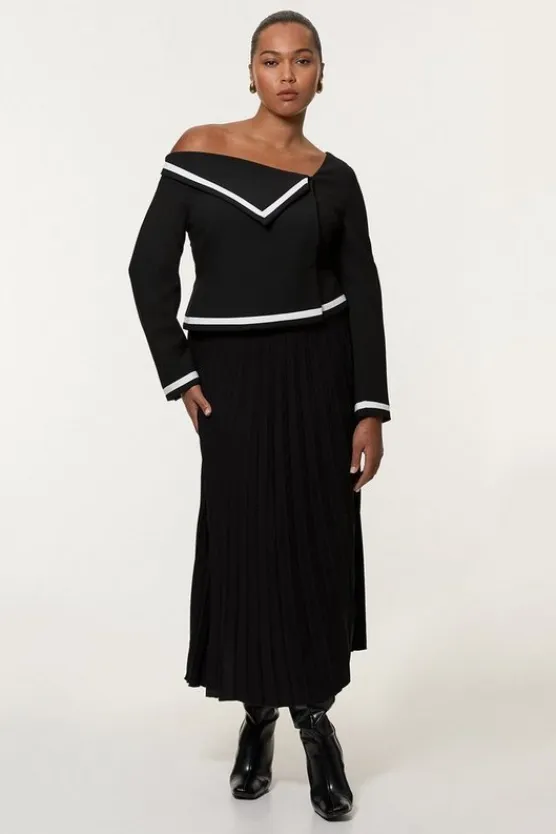 Karen Millen Plus Size Compact Stretch Asymmetric Neck Color Block Pleated Tailored Midaxi Dress mono Fashion