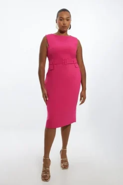 Karen Millen Plus Size Compact Stretch Belted Tailored Midi Pencil Dress pink Clearance
