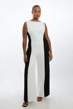 Karen Millen Plus Size Compact Stretch Color Block Panelled Tailored Wide Leg Jumpsuit mono Sale