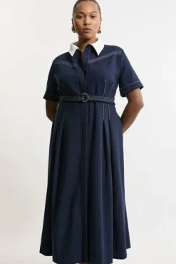 Karen Millen Plus Size Compact Stretch Contrast Collar Full Skirted Midi Dress navy Fashion