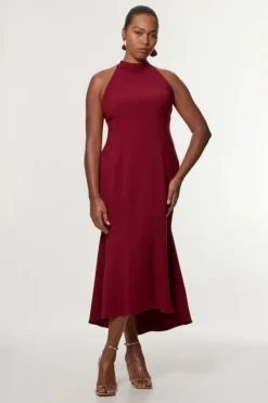 Karen Millen Plus Size Compact Stretch Essential Tailored High Neck Dip Hem Midi Dress fig Sale