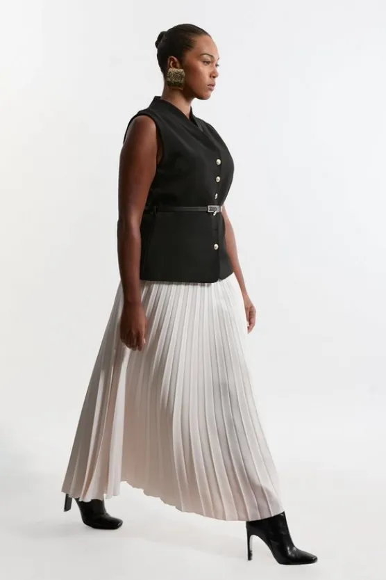 Karen Millen Plus Size Compact Stretch Fluid Tailored Belted Pleated Full Skirt Midaxi Dress mono Outlet