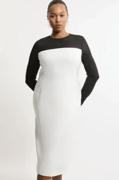 Karen Millen Plus Size Compact Stretch Sheer Insert Tailored Midi Dress ivory Sale