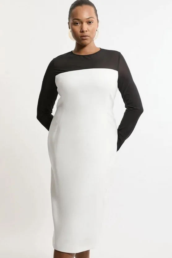 Karen Millen Plus Size Compact Stretch Sheer Insert Tailored Midi Dress ivory Sale