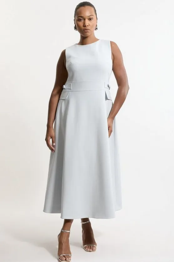 Karen Millen Plus Size Compact Stretch Tab Waist Detail Full Skirt Midi Dress paleblue Clearance