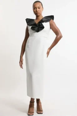 Karen Millen Plus Size Compact Stretch Taffeta Ruffle Tailored Midi Dress ivory Online