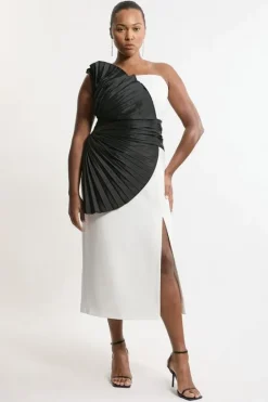 Karen Millen Plus Size Compact Stretch Taffeta Ruffle Detail Strappy Tailored Midi Dress mono Hot