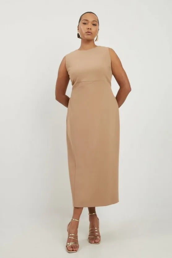Karen Millen Plus Size Compact Stretch Tailored Pencil Midi Dress camel Hot