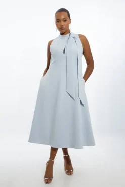 Karen Millen Plus Size Compact Stretch Tie Neck Full Skirted Midi Dress paleblue Sale