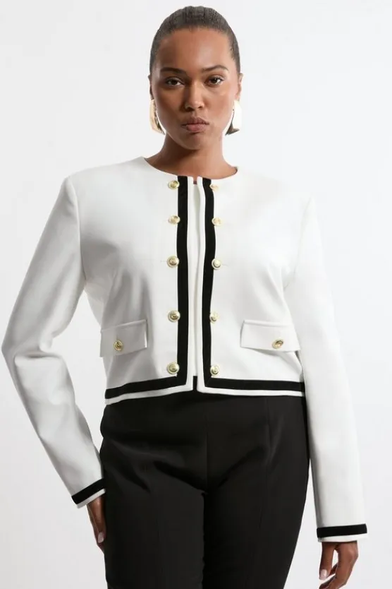 Karen Millen Plus Size Compact Stretch Tipped Velvet Contrast Collarless Tailored Jacket mono Discount